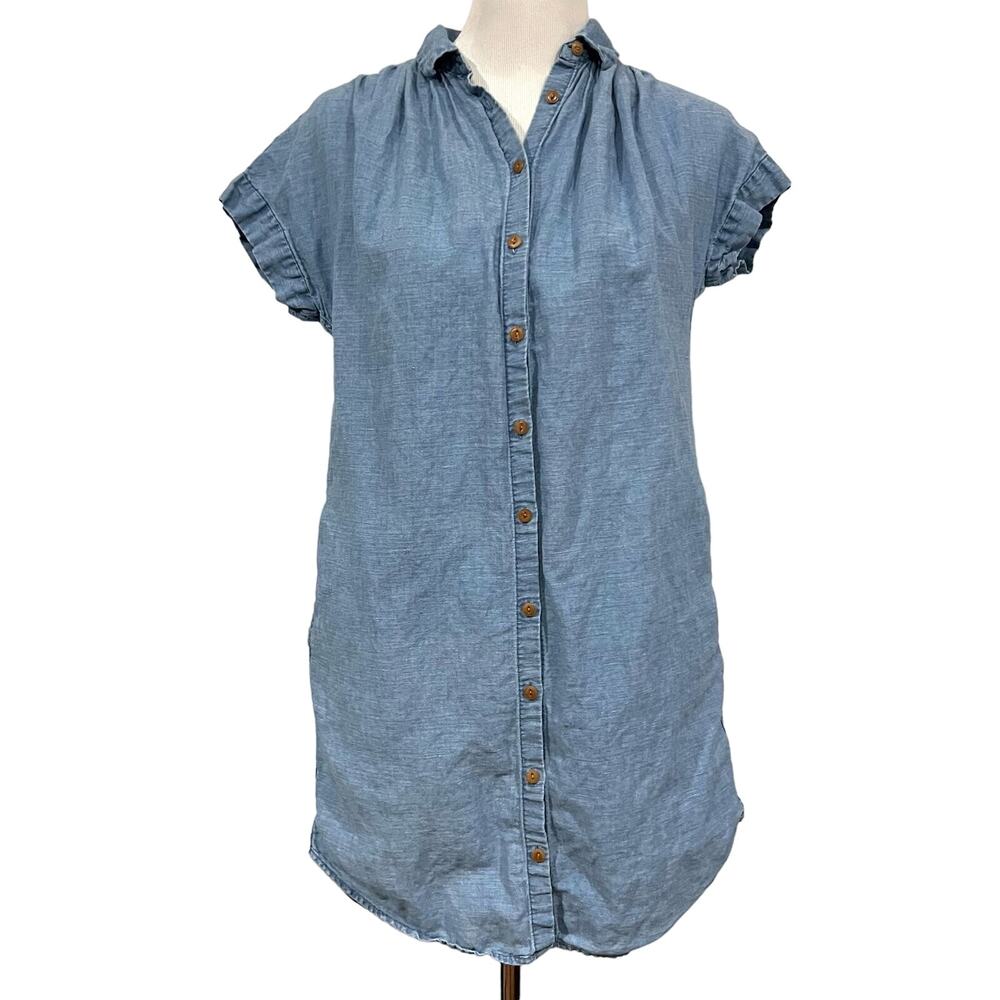 Madewell Shirt Dress Denim Chambray Linen Cotton Button Front Pockets Tunic XS